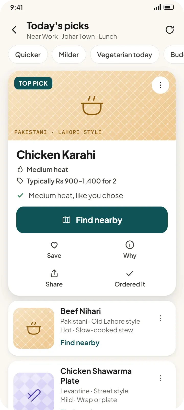 SmartBite app: Today’s picks, with Chicken Karahi as the top pick